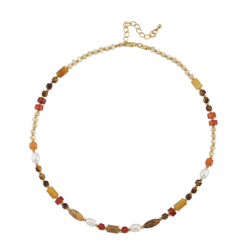 Linglang Handmade Tiger's Eye Stone Necklace Retro Beaded Necklace Red Agate Necklace Choker