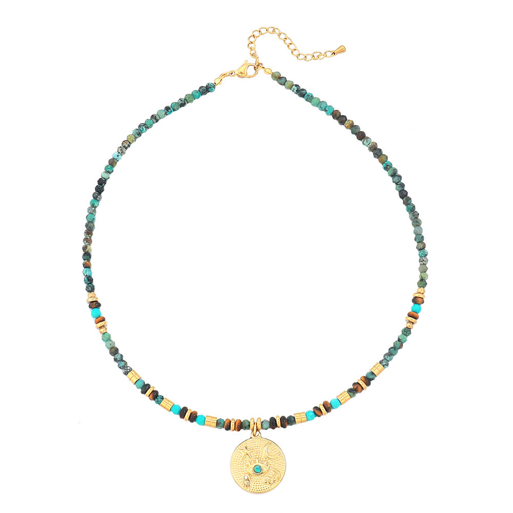 Linglang Retro African Turquoise Beaded Necklace Natural Stone Tigerite Pendant Necklace Handmade Jewelry
