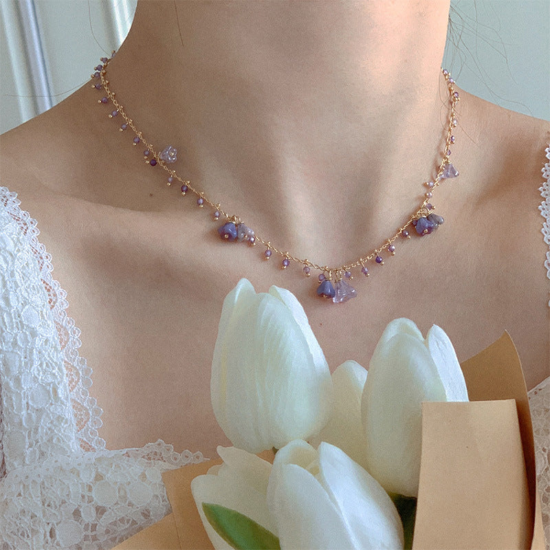 Elegant Flower Crystal Bracelet Purple Beaded Necklace Bracelet Set Stylish Beaded Choker Jewelry