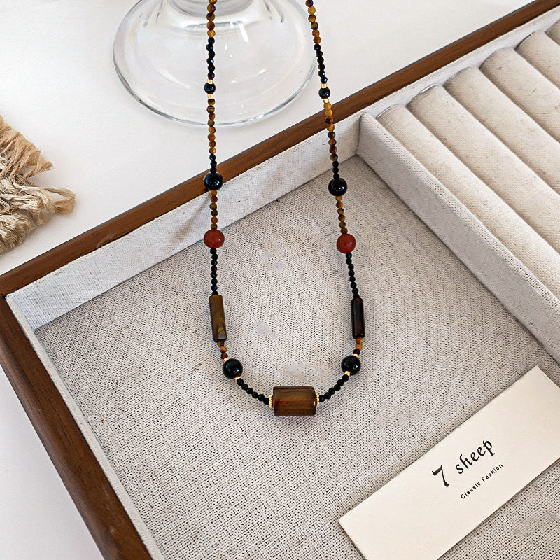 Linglang Retro Natural Stone Splicing Beaded Necklace for Women Tiger Eye Stone Black Agate Necklace Vintage Jewelry