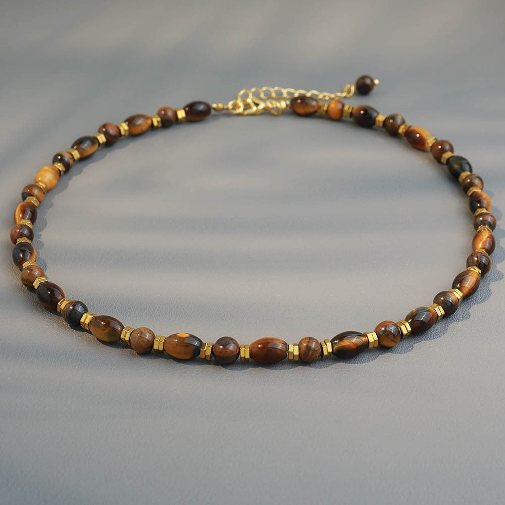 Linglang Vintage Tigerite Beaded Necklace Handmade Boho Style Chain Natural Stone Jewelry Gift
