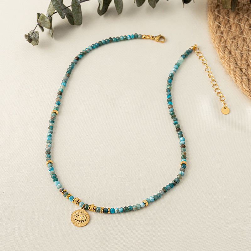 Linglang Handmade Vintage Natural Blue Apatite Beaded Necklace Pendant Turquoise Retro Choker Necklace