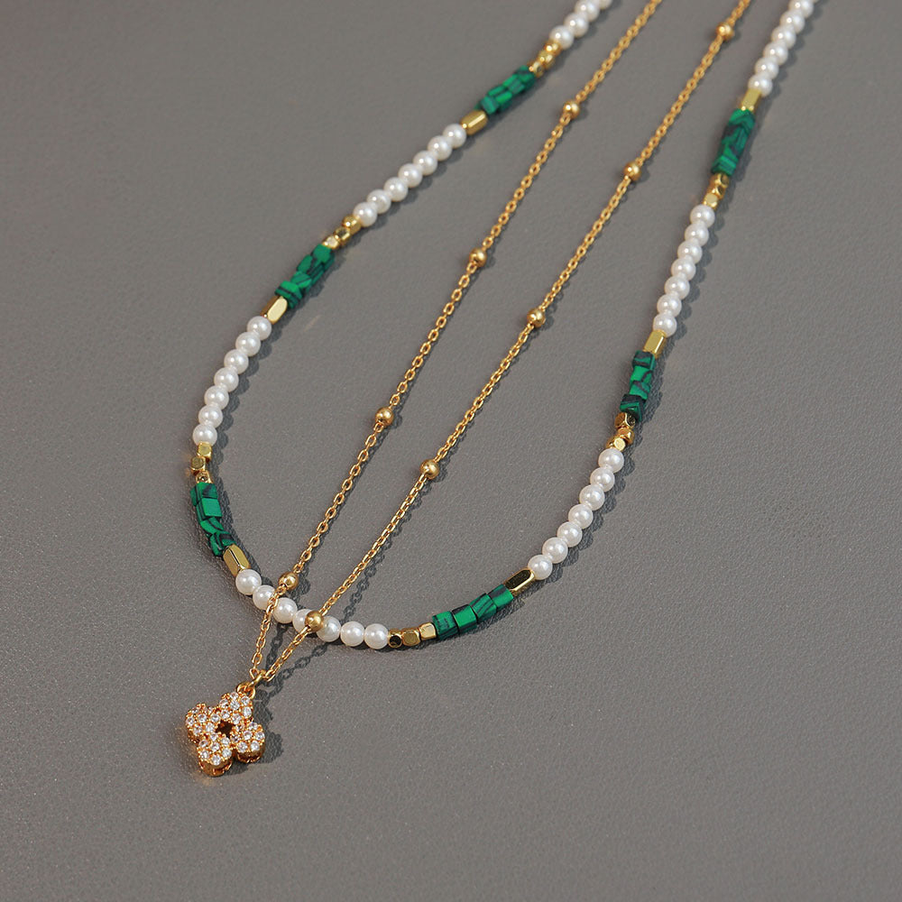 Linglang Malachite Beaded Necklace Pearl Layerd Necklace Set Natural Stone Jewelry Boho Layering Jewelry
