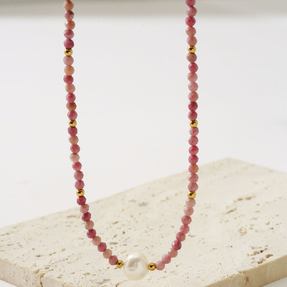 Linglang Elegant Simple Rhodochrosite Beaded Necklace Pearl Necklace Natural Stone Jewelry Gift