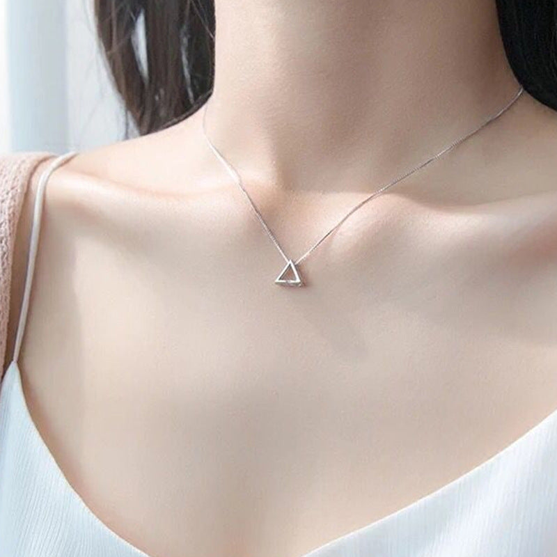 Linglang Sterling S925 Silver Triangle Diamond Necklace for Women Simple Stylish Choker Chain Jewelry Gift