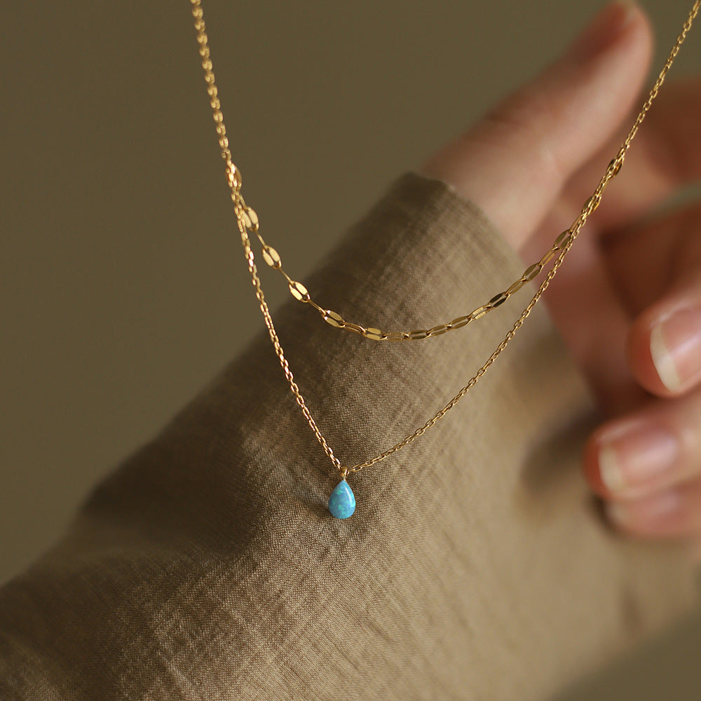 Linglang Blue Tears Water Drop Pendant Necklace 18K Gold Plated Layered Necklace Gold Chain Layering Jewelry