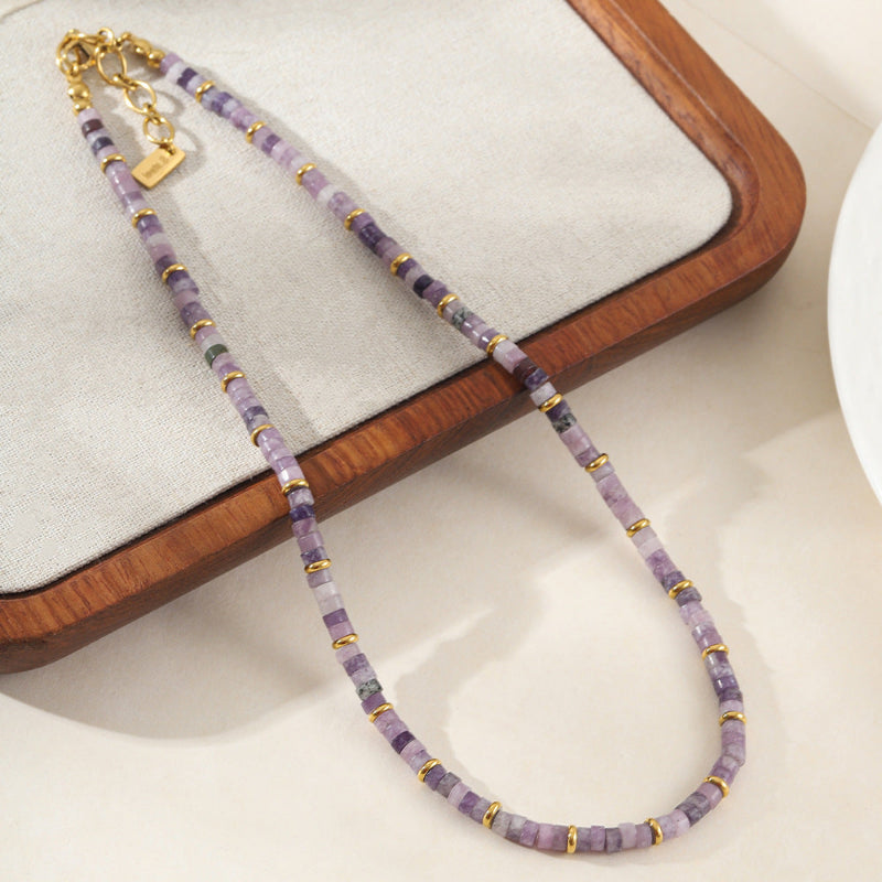 Linglang Purple Natural Stone Necklace Handmade Beaded Necklace Retro Chain Healing Crystal Choker Necklace