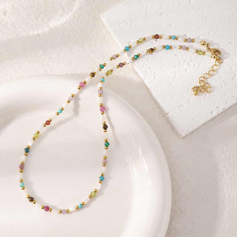 Linglang Boho Beaded Gemstone Necklace Pearl Necklace Colored Beaded Necklace for Summer Handmade Jewelry