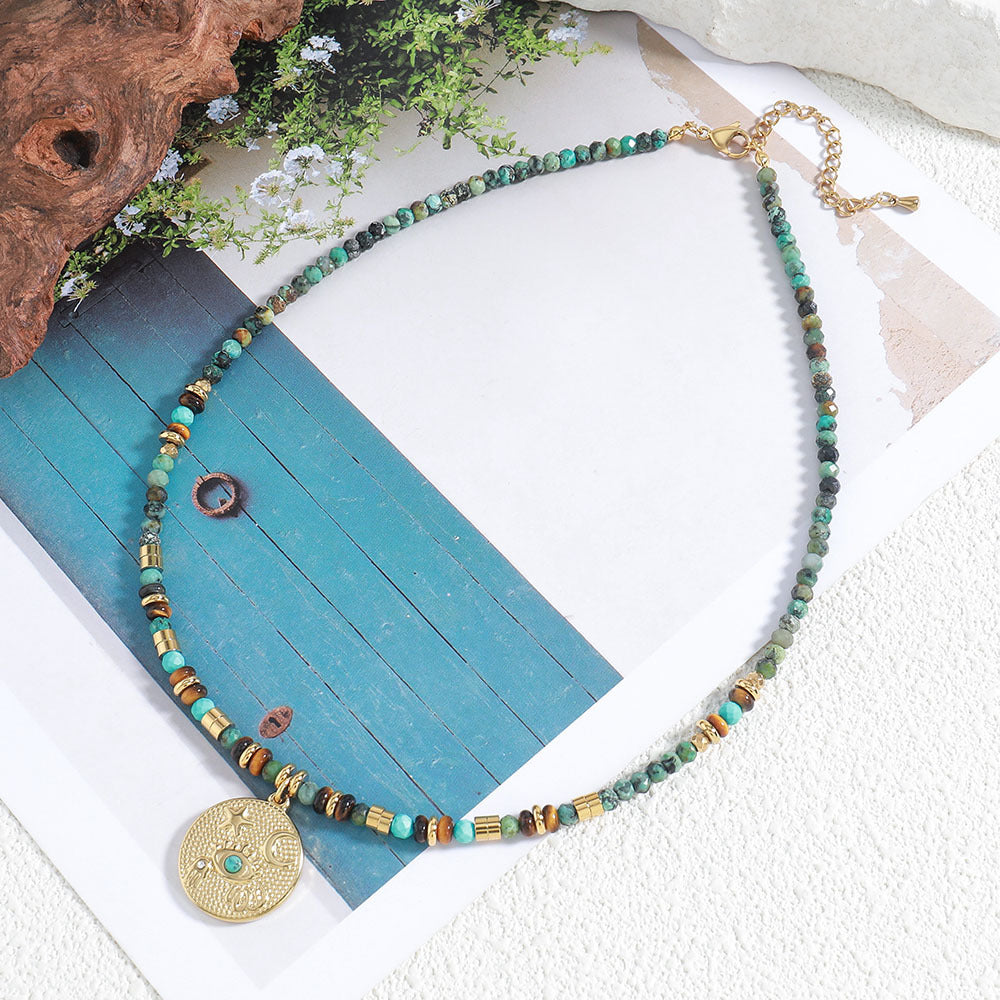 Linglang Retro African Turquoise Beaded Necklace Natural Stone Tigerite Pendant Necklace Handmade Jewelry
