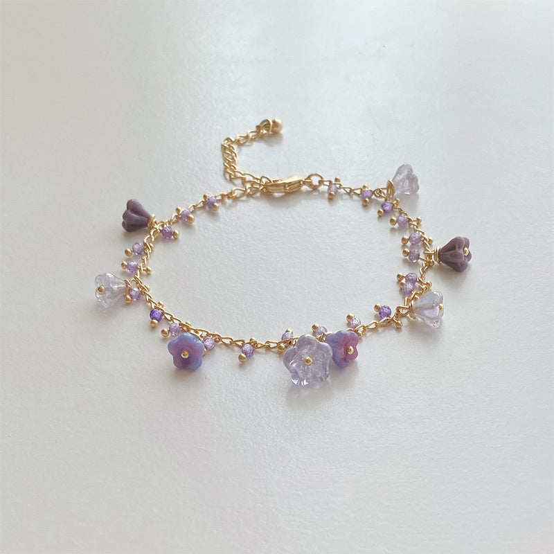 Elegant Flower Crystal Bracelet Purple Beaded Necklace Bracelet Set Stylish Beaded Choker Jewelry