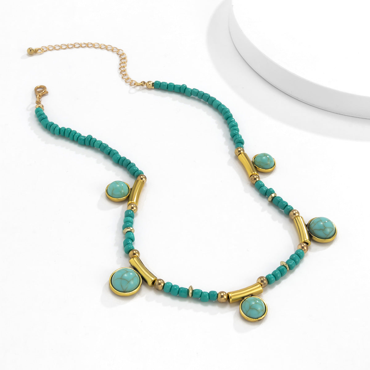 LingLang Retro Spliced Turquoise Necklace Geometric Tassel Ball Bohemia Choker1000
