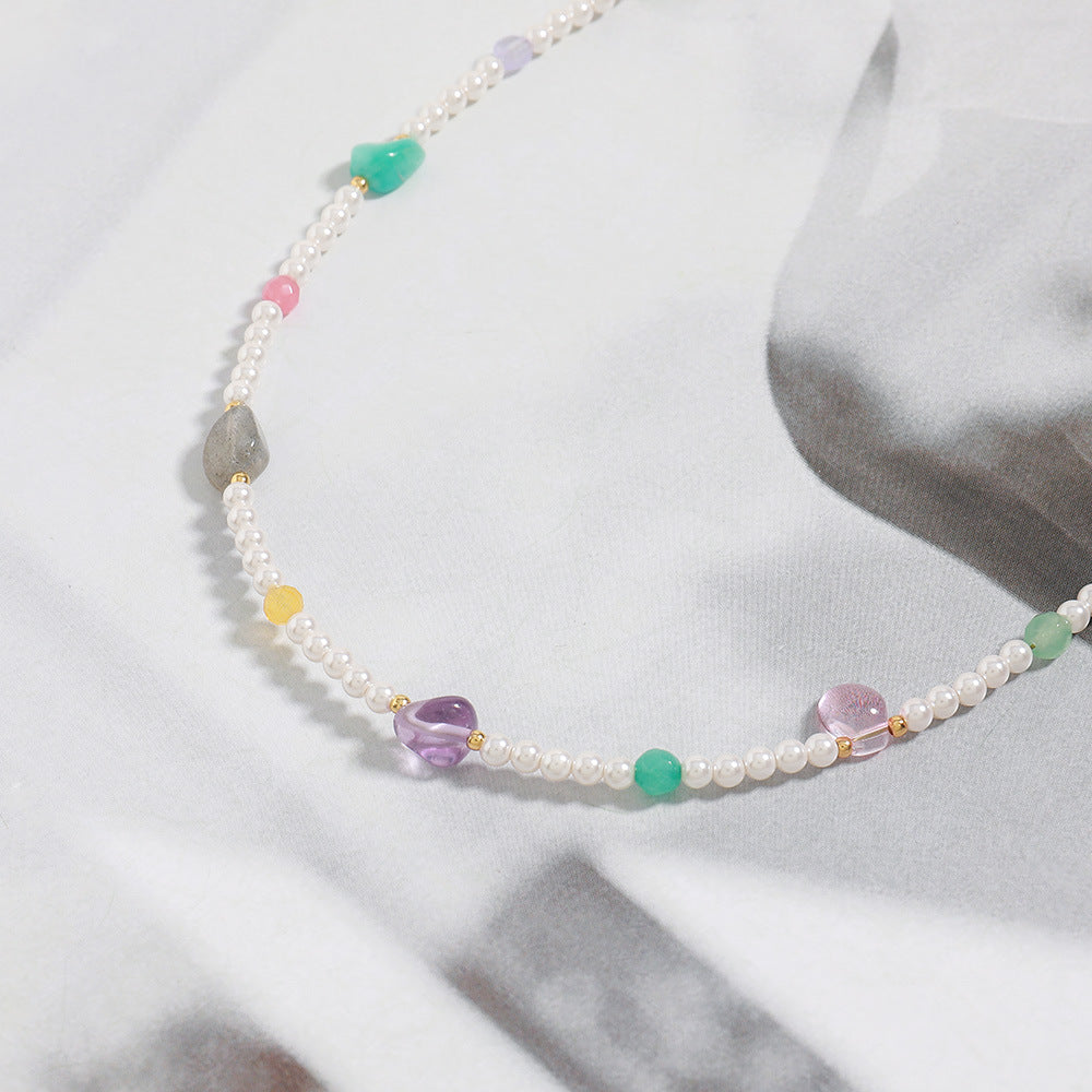 Linglang Colored Natural Stone Beaded Necklace Pearl Necklace Stylish Clavicle Chain Pearl Choker Jewelry