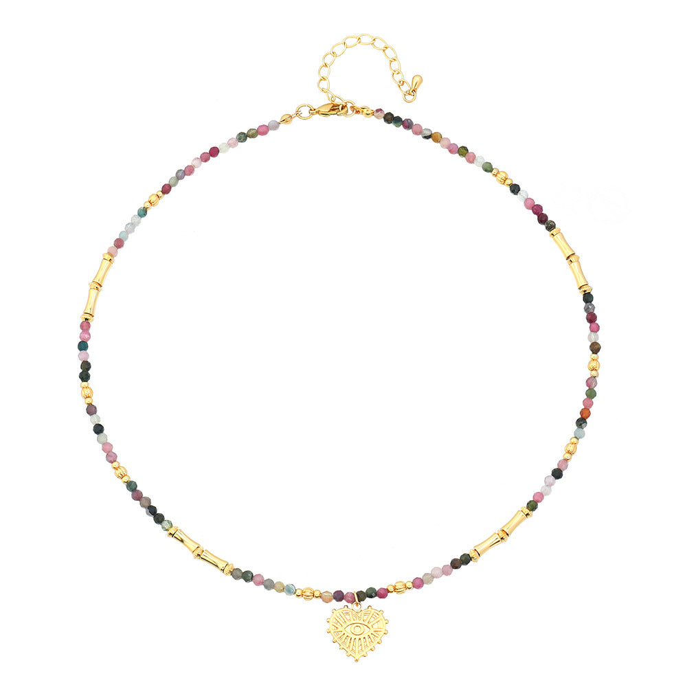 Linglang Vintage Tourmaline Stone Beaded Necklace Handmade Pendant Necklace Chain Boho Jewelry