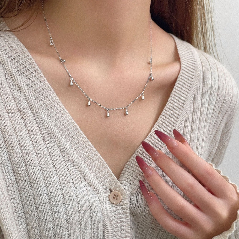 Linglang S925 Silver Water Drop Tassel Necklace 2024 New Fashionable Clavicle Chain Stylish Choker Necklace