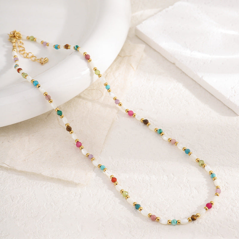 Linglang Boho Beaded Gemstone Necklace Pearl Necklace Colored Beaded Necklace for Summer Handmade Jewelry