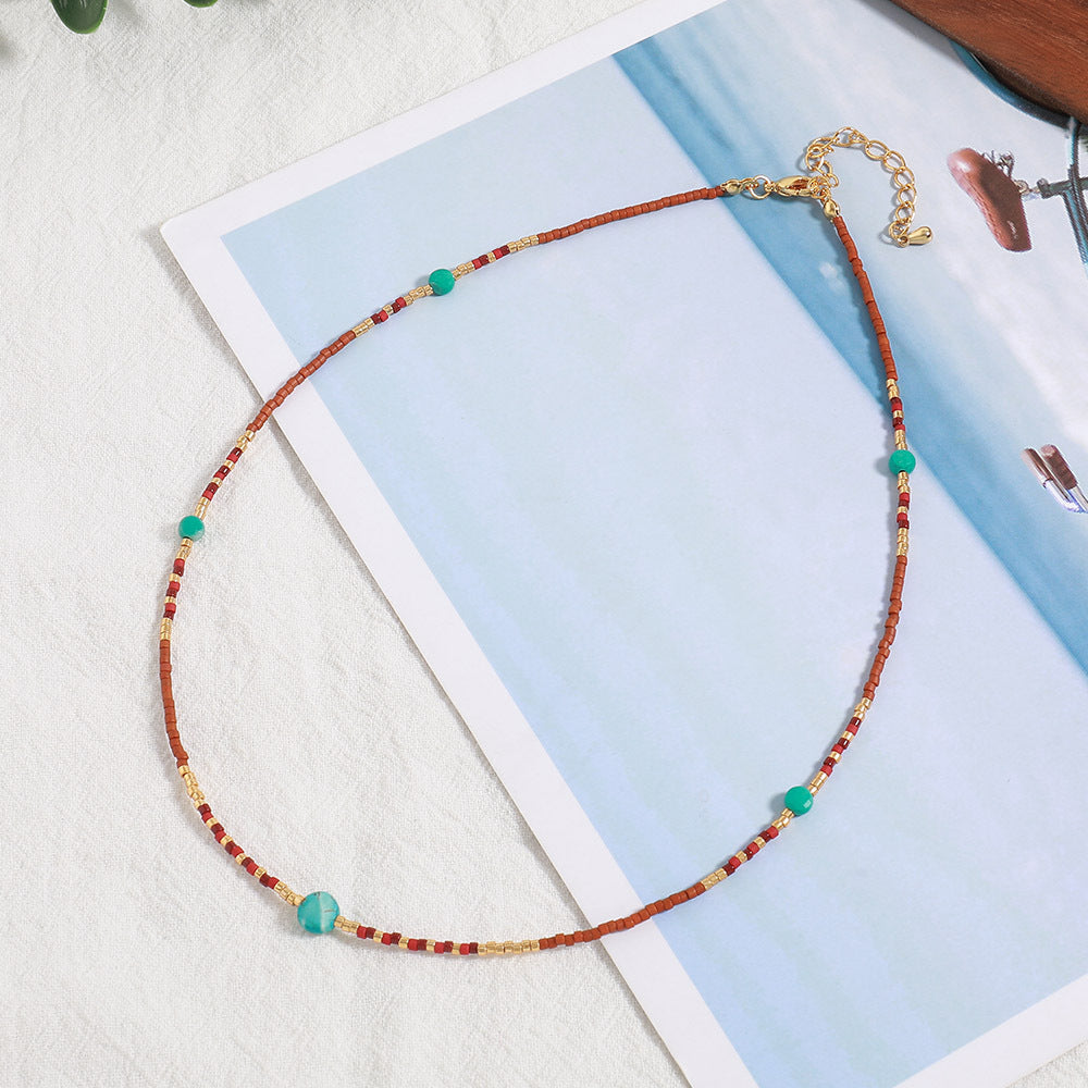 Linglang Retro Natural Stone Beaded Necklace Turquoise Layering Collarbone Chain Jewelry Vintage Necklace for Girls