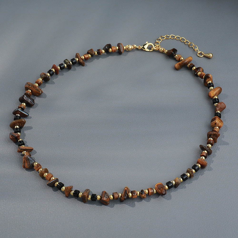 Linglang Vintage Tigerite Agate Beaded Necklace 18K Gold-plated Choker Natural Stone Necklace Boho Jewelry