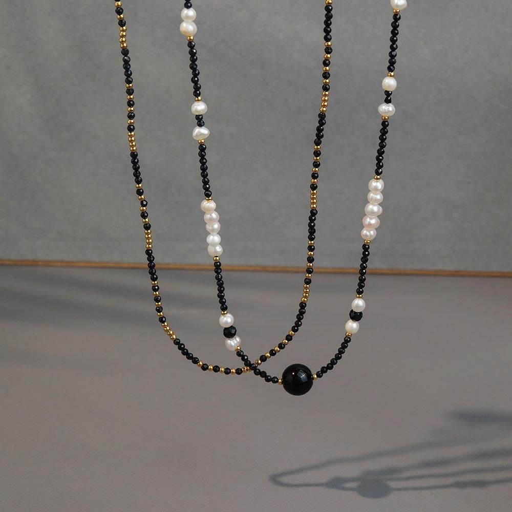 Linglang Retro Handmade Black Agate Beaded Necklace Black Spinel Necklace Pear Necklace Layering Necklace