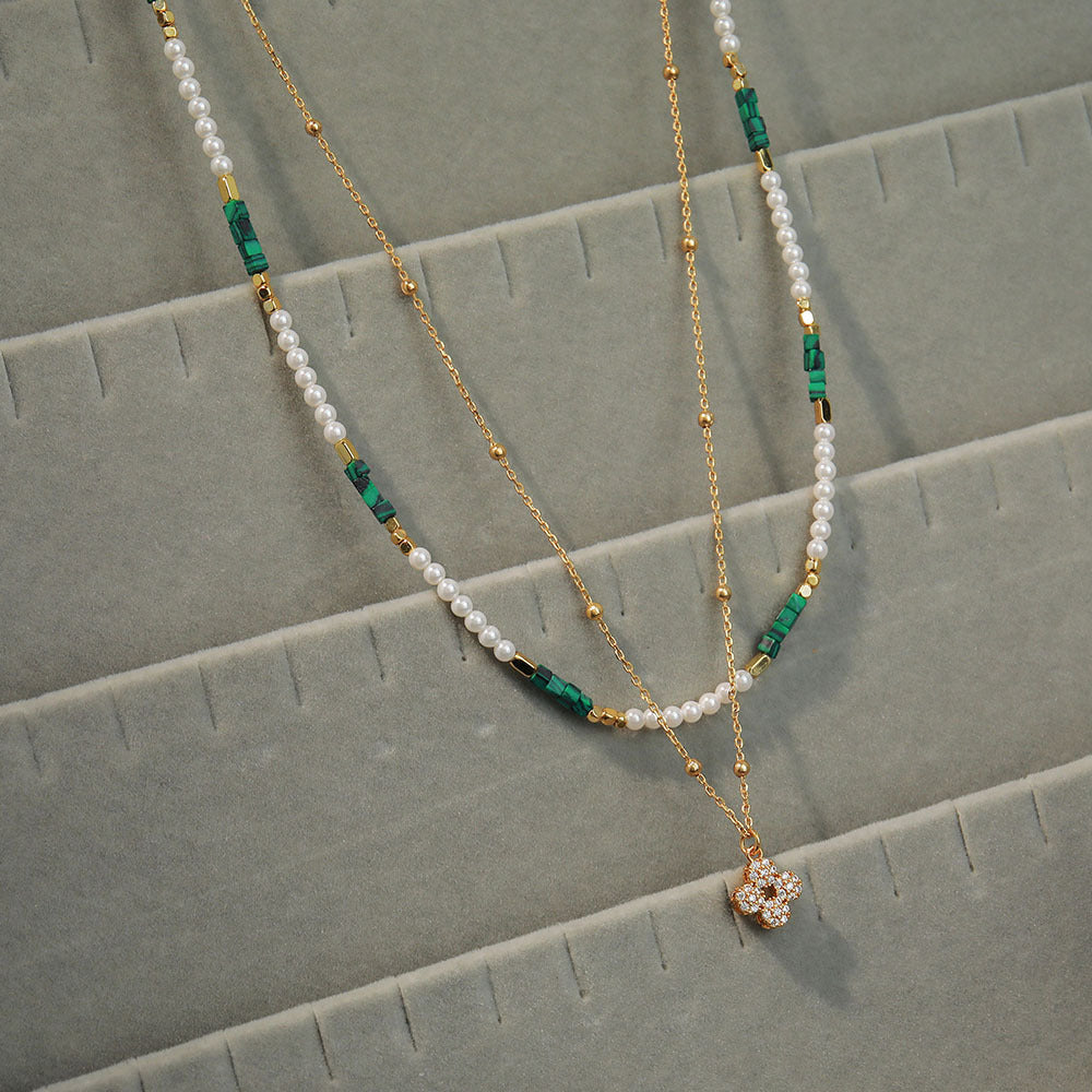 Linglang Malachite Beaded Necklace Pearl Layerd Necklace Set Natural Stone Jewelry Boho Layering Jewelry