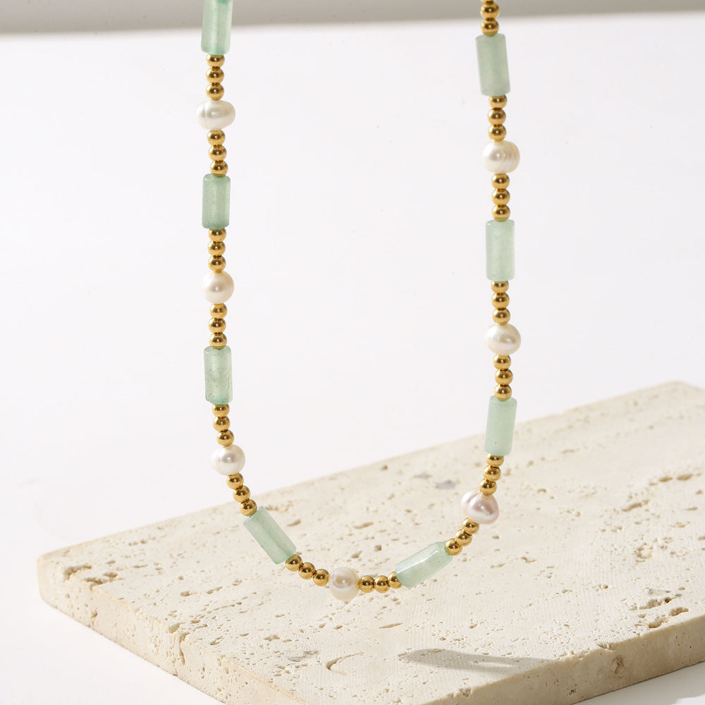 Linglang Elegant Turquoise Beaded Necklace Summer Pearl Necklace Natural Stone Handmade Jewelry