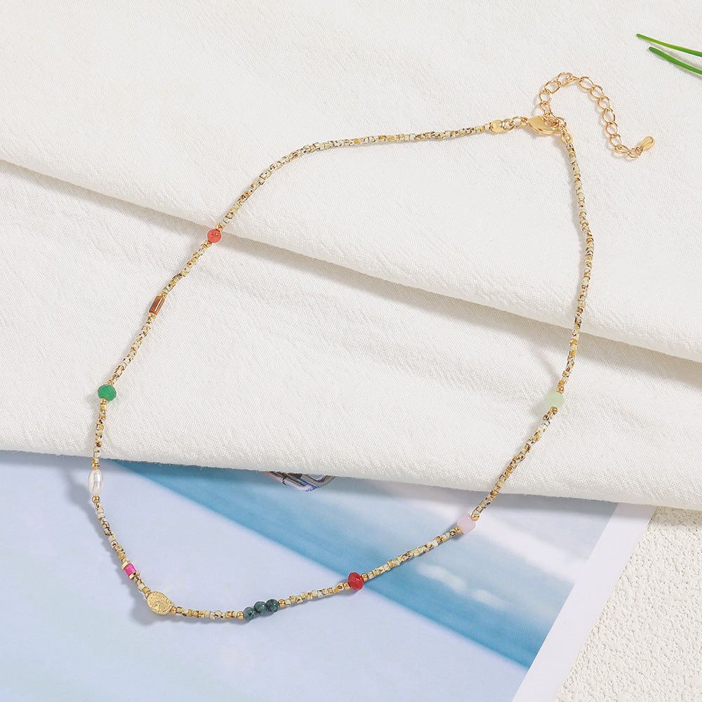 Linglang Chic Colorful Beaded Necklace Retro Pearl Necklace Choker Handmade Natural Stone Jewelry