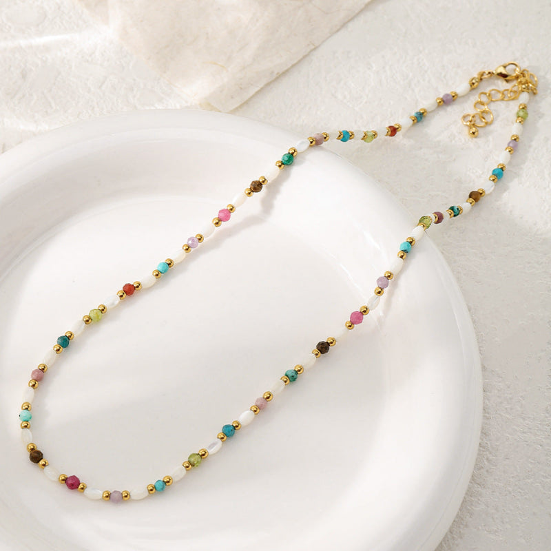 Linglang Boho Beaded Gemstone Necklace Pearl Necklace Colored Beaded Necklace for Summer Handmade Jewelry
