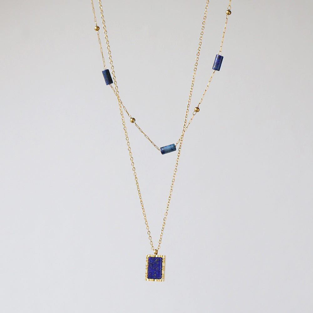 Linglang Natural Lapis Lazuli Beaded Necklace 18K Gold Plated Layered Necklace Gold Chain Summer Gold Jewelry