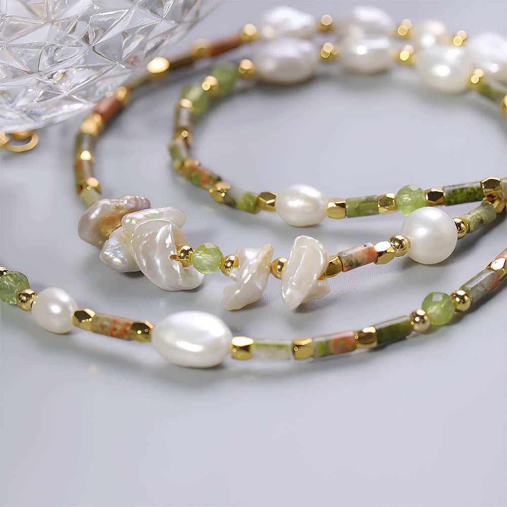 Linglang Boho Style Unakite Beaded Necklace Natural Freshwater Pearl Necklace Retro Jewelry