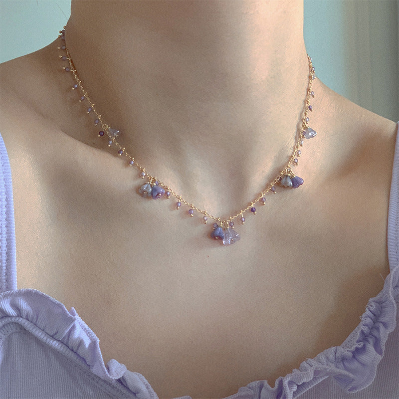 Linglang Elegant Flower Crystal Bracelet Purple Beaded Necklace Bracelet Set Stylish Beaded Choker Jewelry