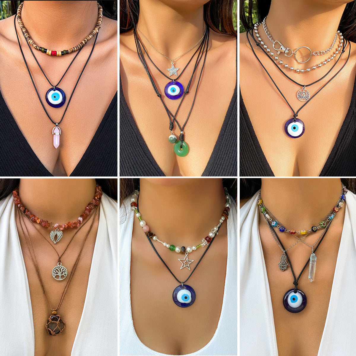 LingLang Bohemia Blue Beaded Necklace Set for Women 