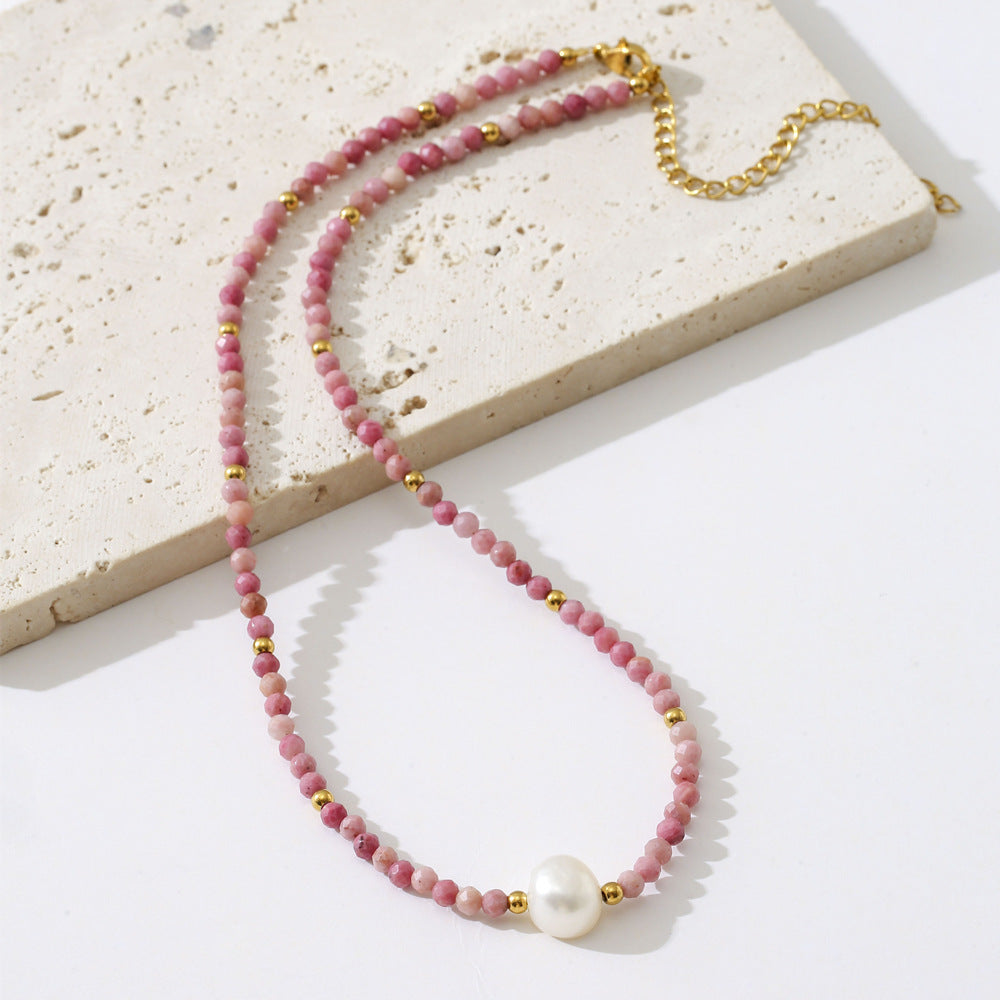 Linglang Elegant Simple Rhodochrosite Beaded Necklace Pearl Necklace Natural Stone Jewelry Gift