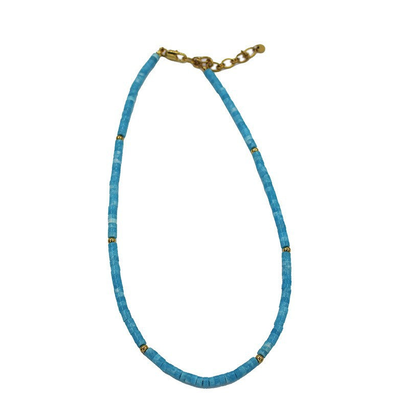 Linglang Retro Colored Natural Stone Necklace Handmade Moroxite Beaded Necklace Boho Style Chain Pendant Necklace Beaded Necklace
