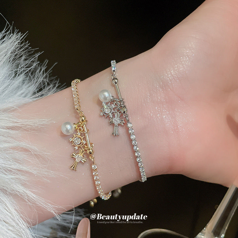 Linglang 14K Gold Plated Zircon Bracelet Snowflake Cross Pearl Bracelet Elegant Tennis Bracelet Ideas