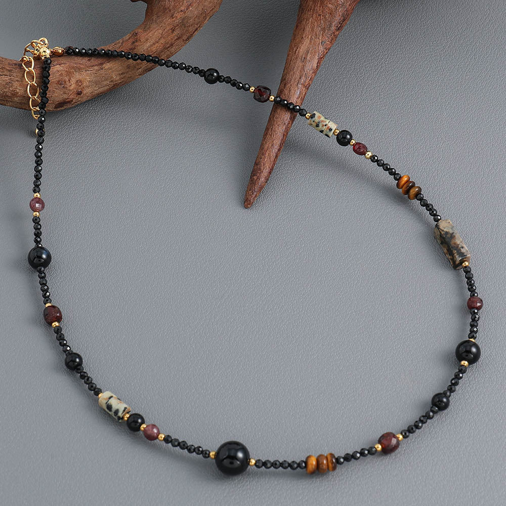Linglang Natural Stone Black Agate Handmade Beaded Necklace Vintage Crystal Necklace Retro Jewelry for Girls