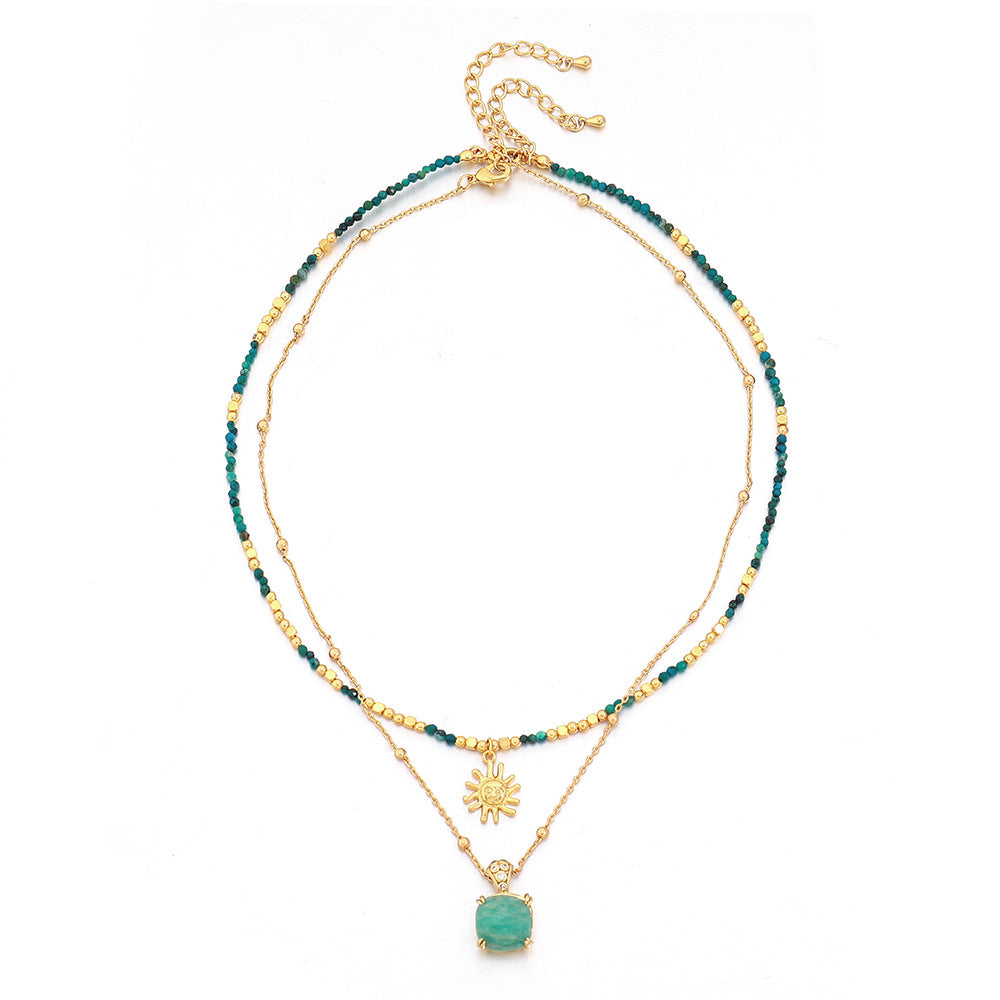 Linglang Handmade Turquoise Natural Stone Beaded Necklace Gold Plated Vintage Stacked Necklace Set