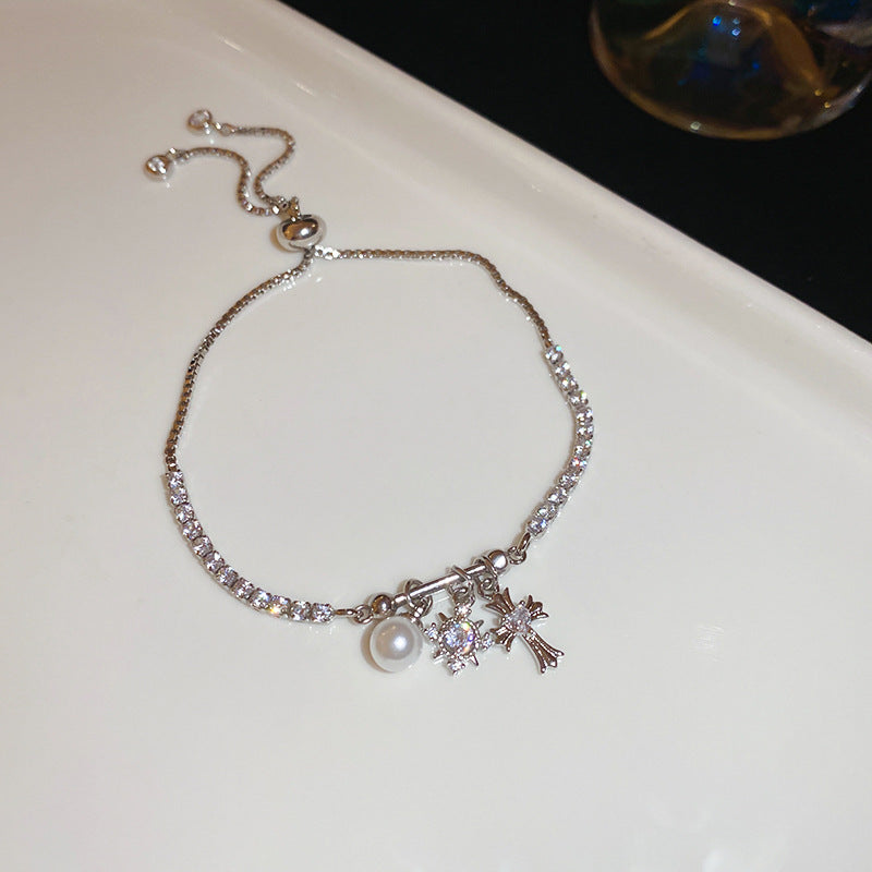 Linglang 14K Gold Plated Zircon Bracelet Snowflake Cross Pearl Bracelet Elegant Tennis Bracelet Ideas