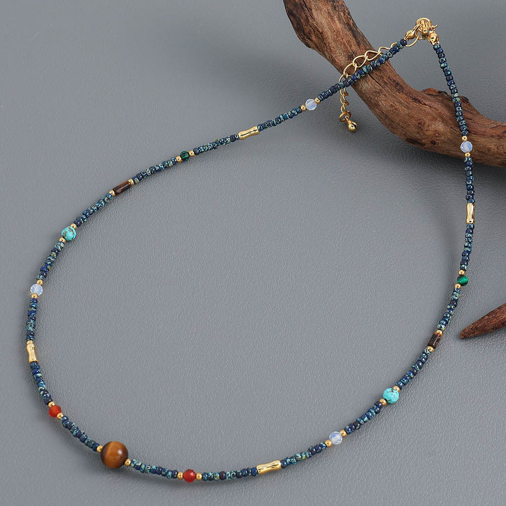 Linglang Retro Colored Natural Stone Bead Beaded Necklace Tigerite Necklace Choker  Vintage Jewelry