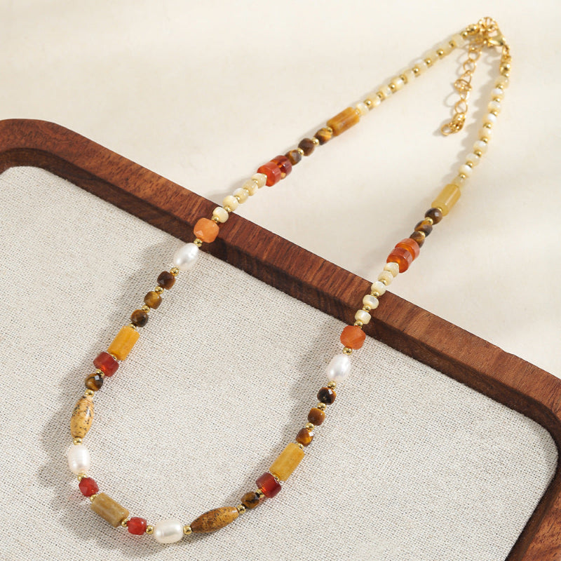 Linglang Handmade Tiger's Eye Stone Necklace Retro Beaded Necklace Red Agate Necklace Choker