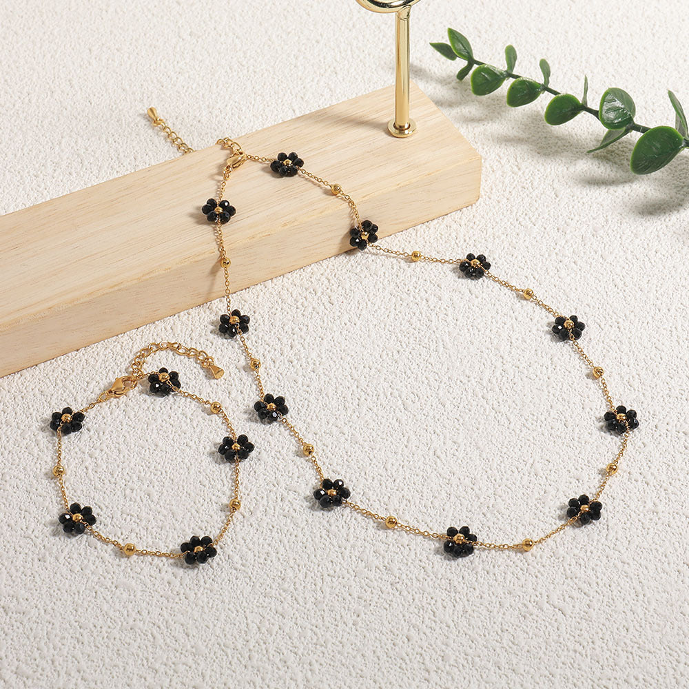 Linglang 18K Gold Plated Beaded Necklace Bracelet Set Daisy Jewelry Natural Stone Necklace Set