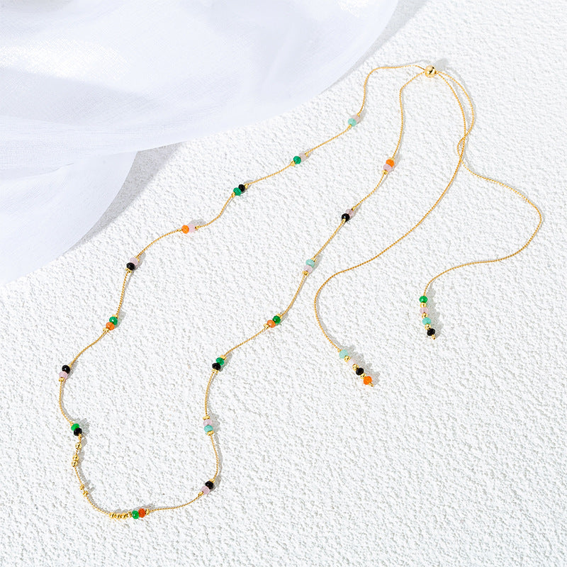 Linglang Dainty Natural Stone Necklace Length Adjustable Chain Choker Stylish Beaded Gold Plated Necklace