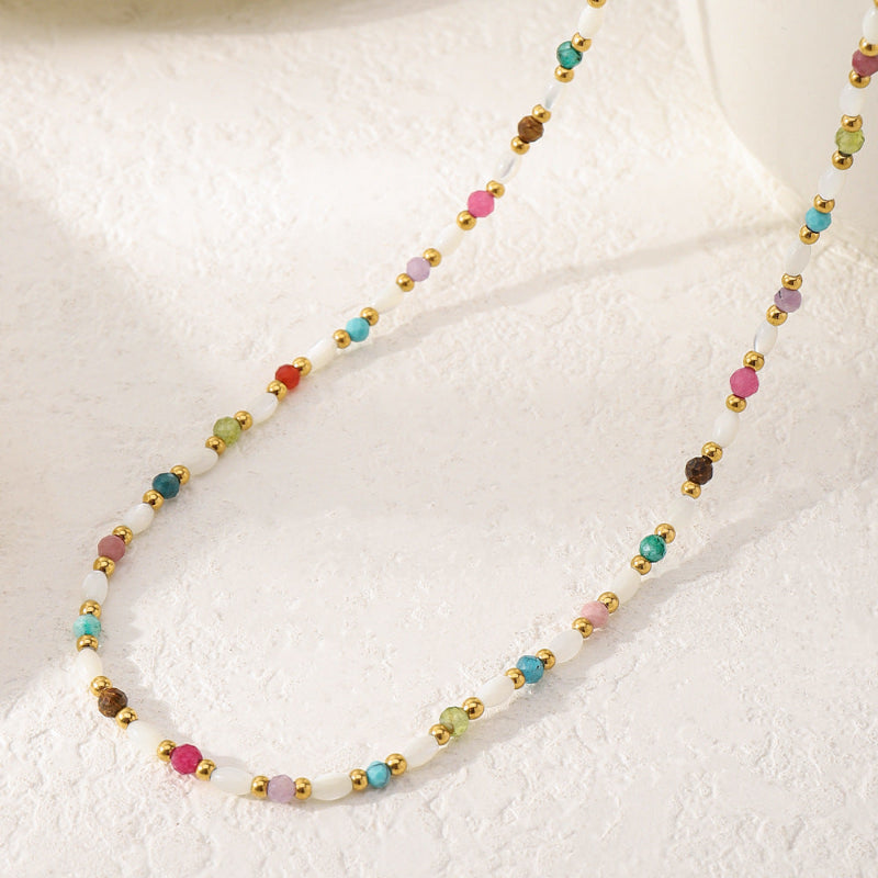 Linglang Boho Beaded Gemstone Necklace Pearl Necklace Colored Beaded Necklace for Summer Handmade Jewelry