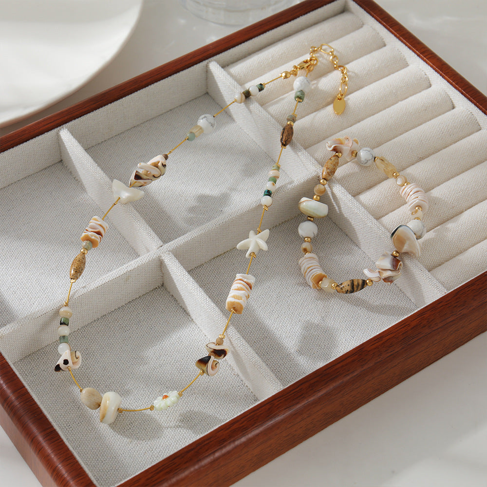 Linglang Natural Turquoise Handmade Beaded Necklace Summer Pendant Necklace Seashell Bracelet Set