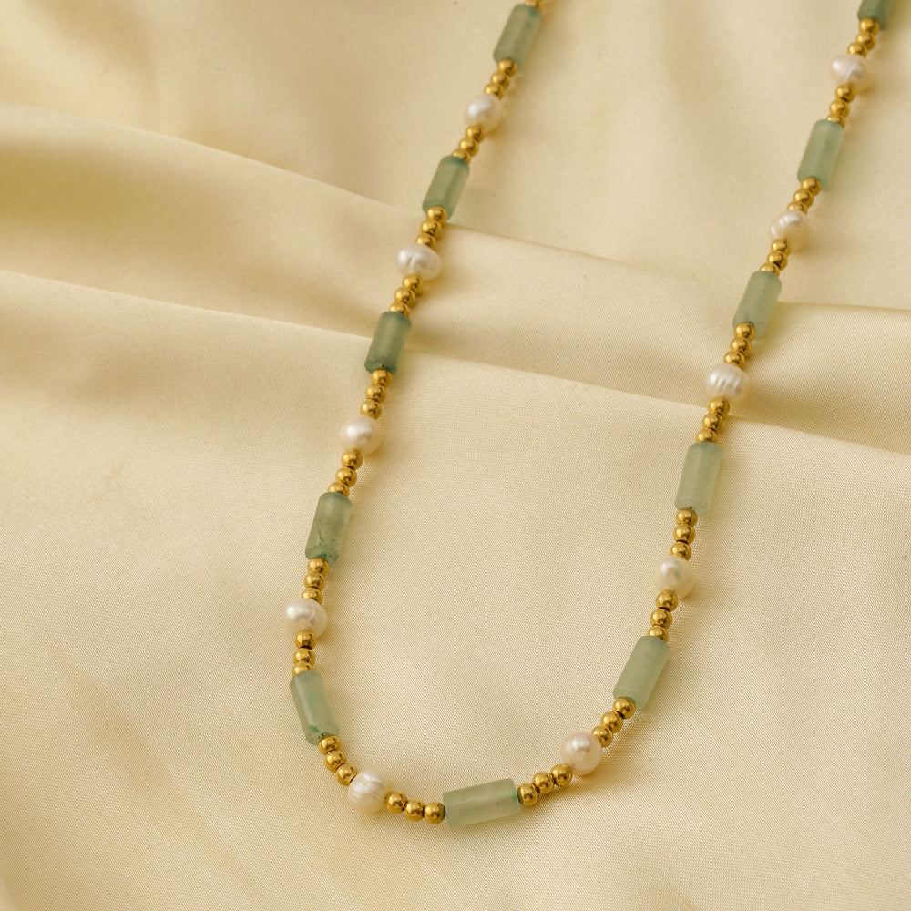 Linglang Elegant Turquoise Beaded Necklace Summer Pearl Necklace Natural Stone Handmade Jewelry