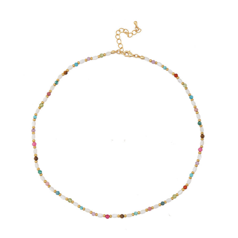 Linglang Boho Beaded Gemstone Necklace Pearl Necklace Colored Beaded Necklace for Summer Handmade Jewelry