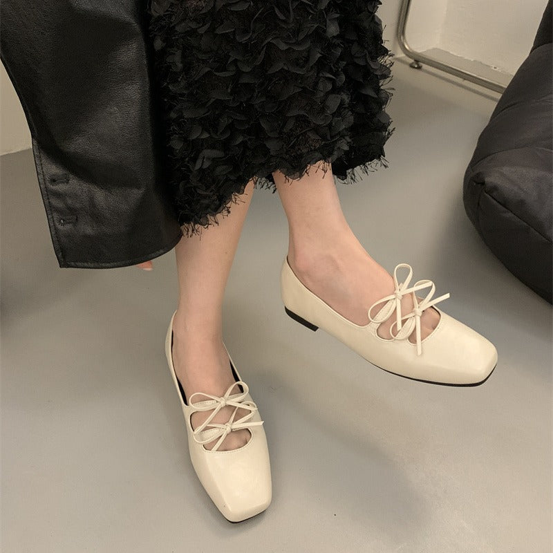 Square Toe Ballet Flats for Women Bow Mary Jane Flats Slip On Dress Ballerina Shoes