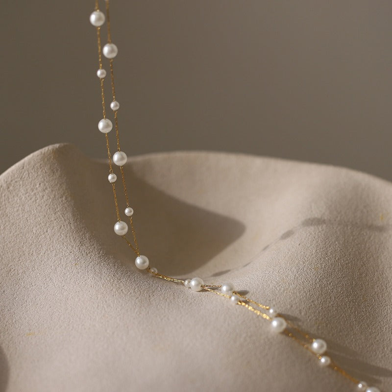 Linglang Mermaid Bubble Pearl Layered Necklace Hypoallergenic Gold Plated Chain Starry Sky Layering Necklace