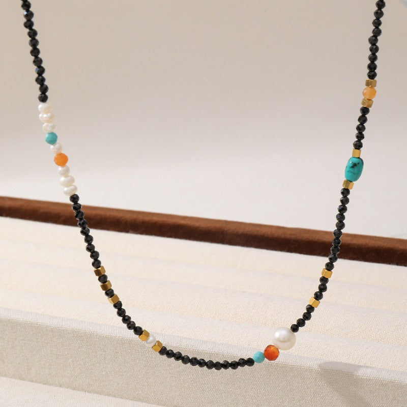 Linglang Handmade Retro Black Spinel Beaded Necklace Baroque Freshwater Pearl Necklace Vintage Choker