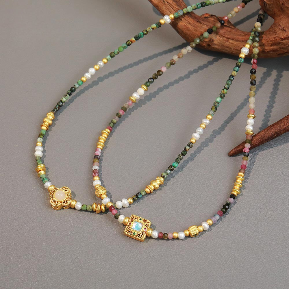 Linglang Colored Bohemian Tourmaline Turquoise Necklace Beaded Necklace Natural Pearl Necklace Clavicle Chain
