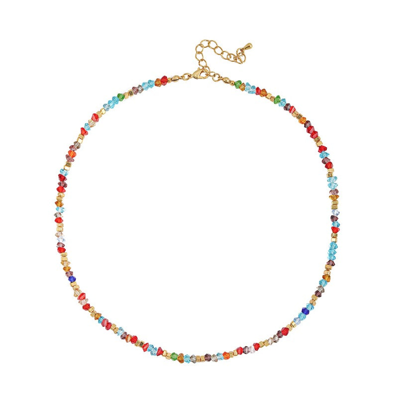 Linglang Boho Colored Necklace Irregular Crystal Necklace Bracelet Set Beaded Necklace Chain Summer Jewelry