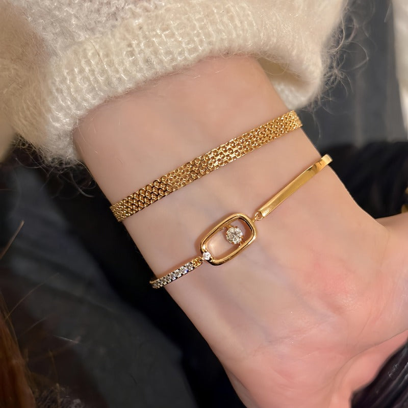 18K Gold Plated Flat Grid Bracelet Retro Bracelet Stack Adjustable Chain Bracelet Gold Jewelry for Women